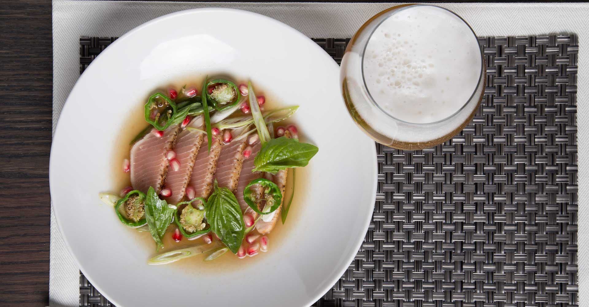 Hamachi with White “Beer Soy” Basil Broth Recipe