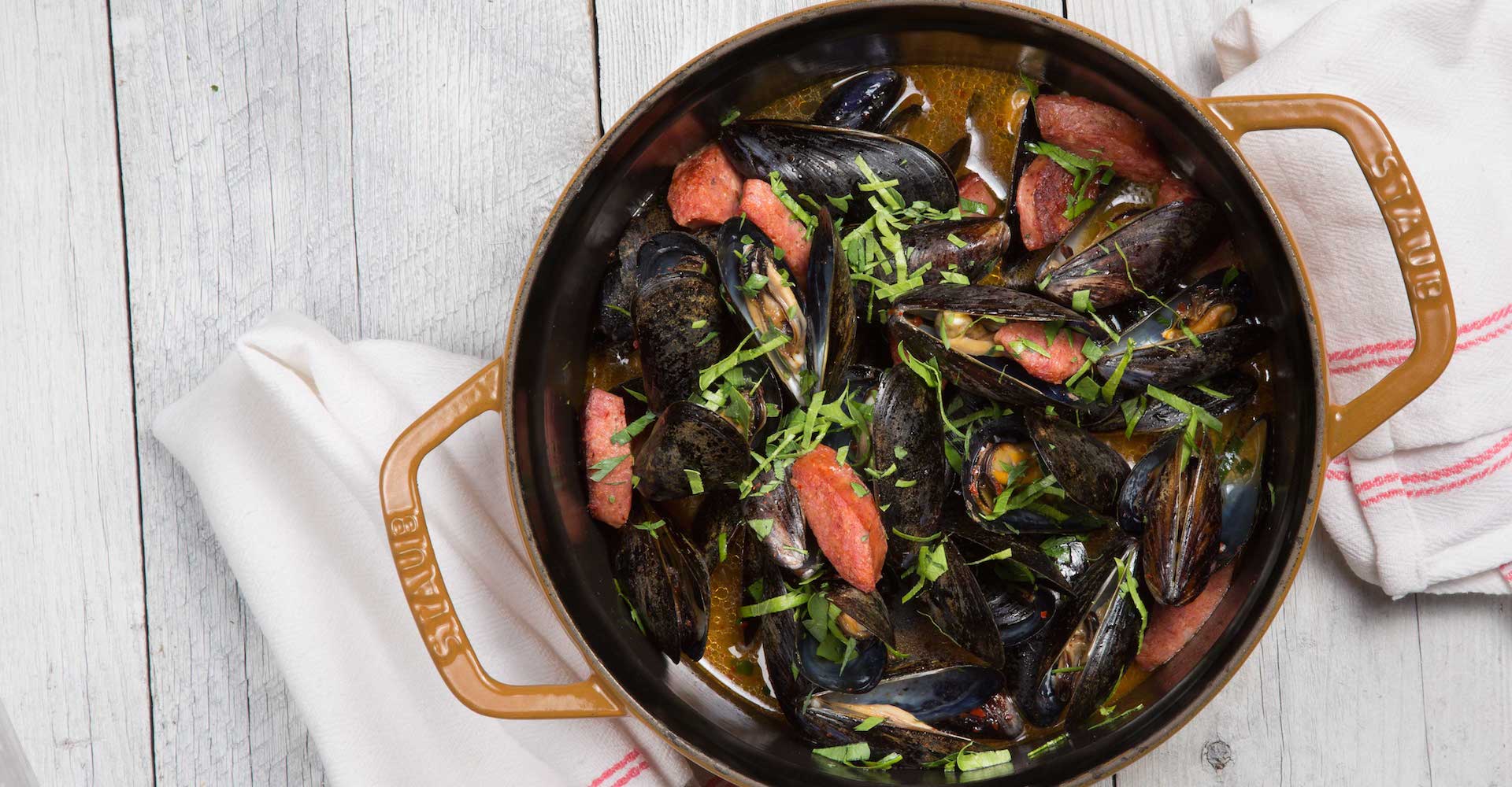 Mussels and Hot Smoky Links with Dijon Wheat-Beer Broth Recipe
