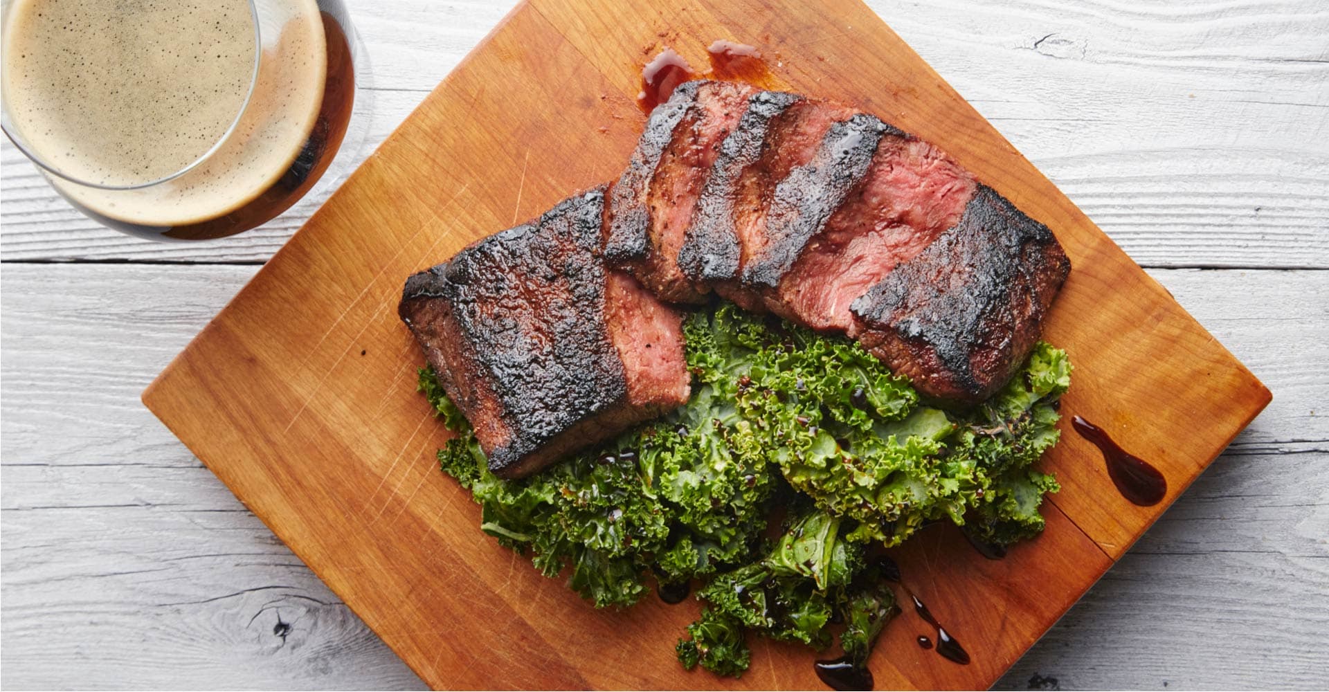 Blackened Flat Iron Steak with Charred Kale and Vanilla Porter Gastrique Recipe