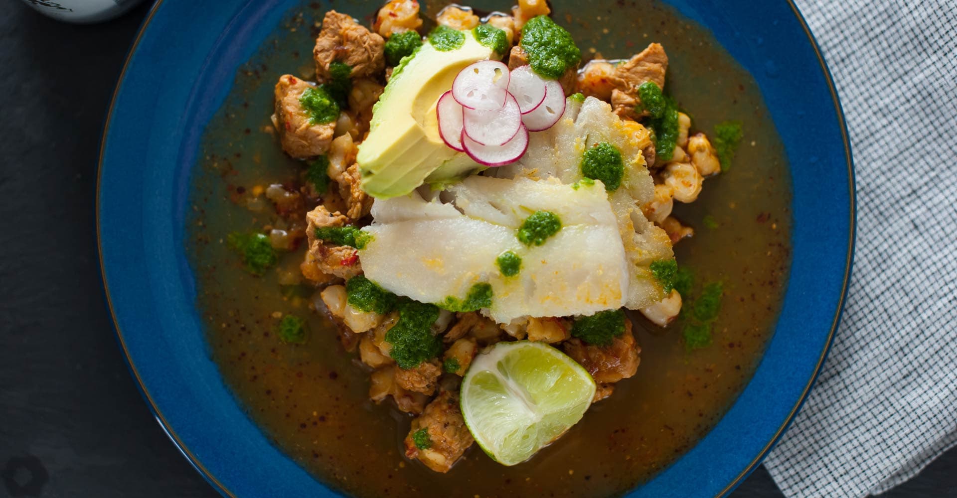 Seared Cod with Pork Posole and Cilantro Pesto Recipe