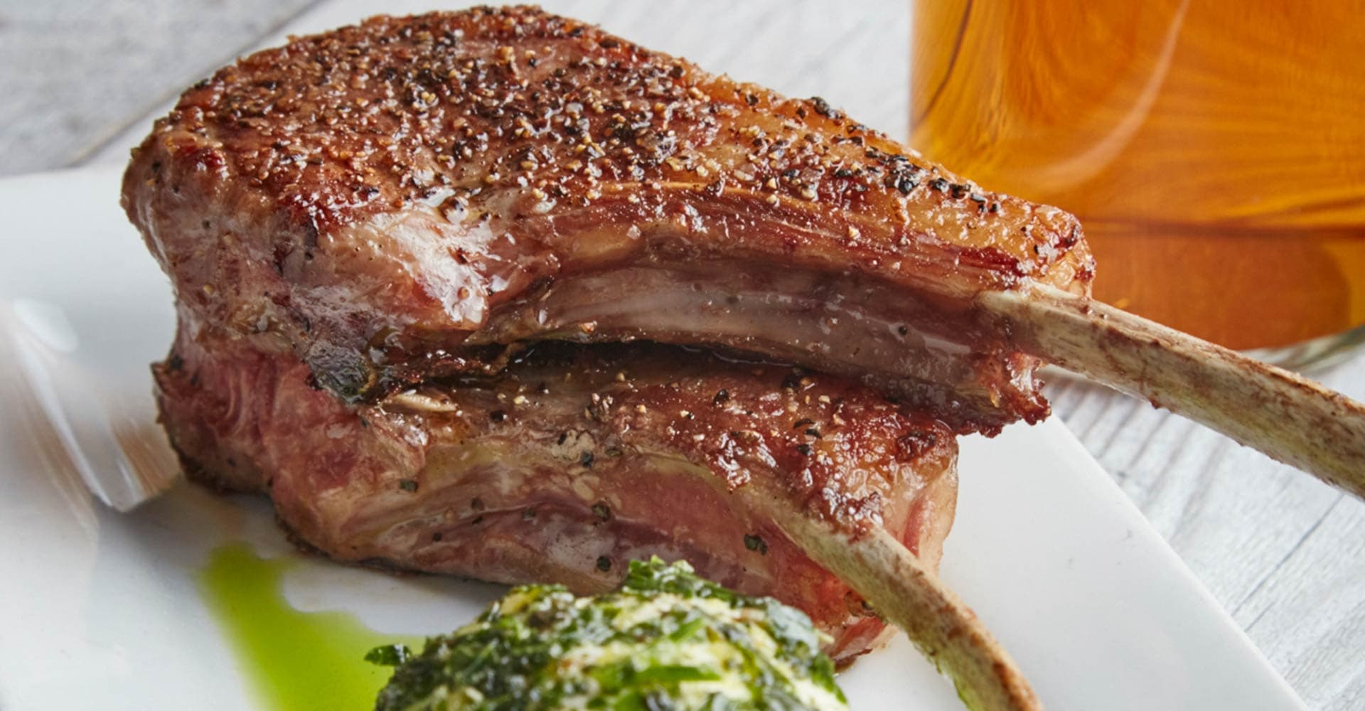 Ale-Brined Lamb with Walnut Mint Pesto and Burrata Recipe