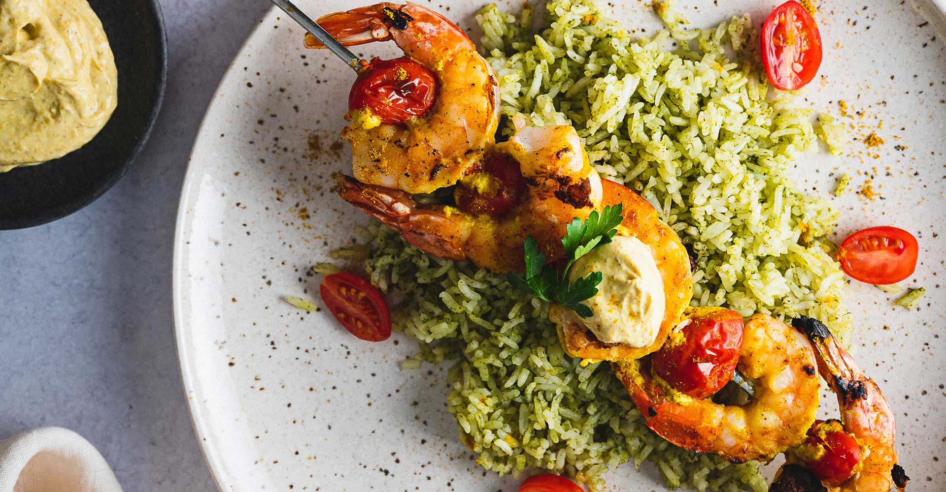 Grilling with Weissbier: Curry-Yogurt Marinated Shrimp Skewers with Green Rice