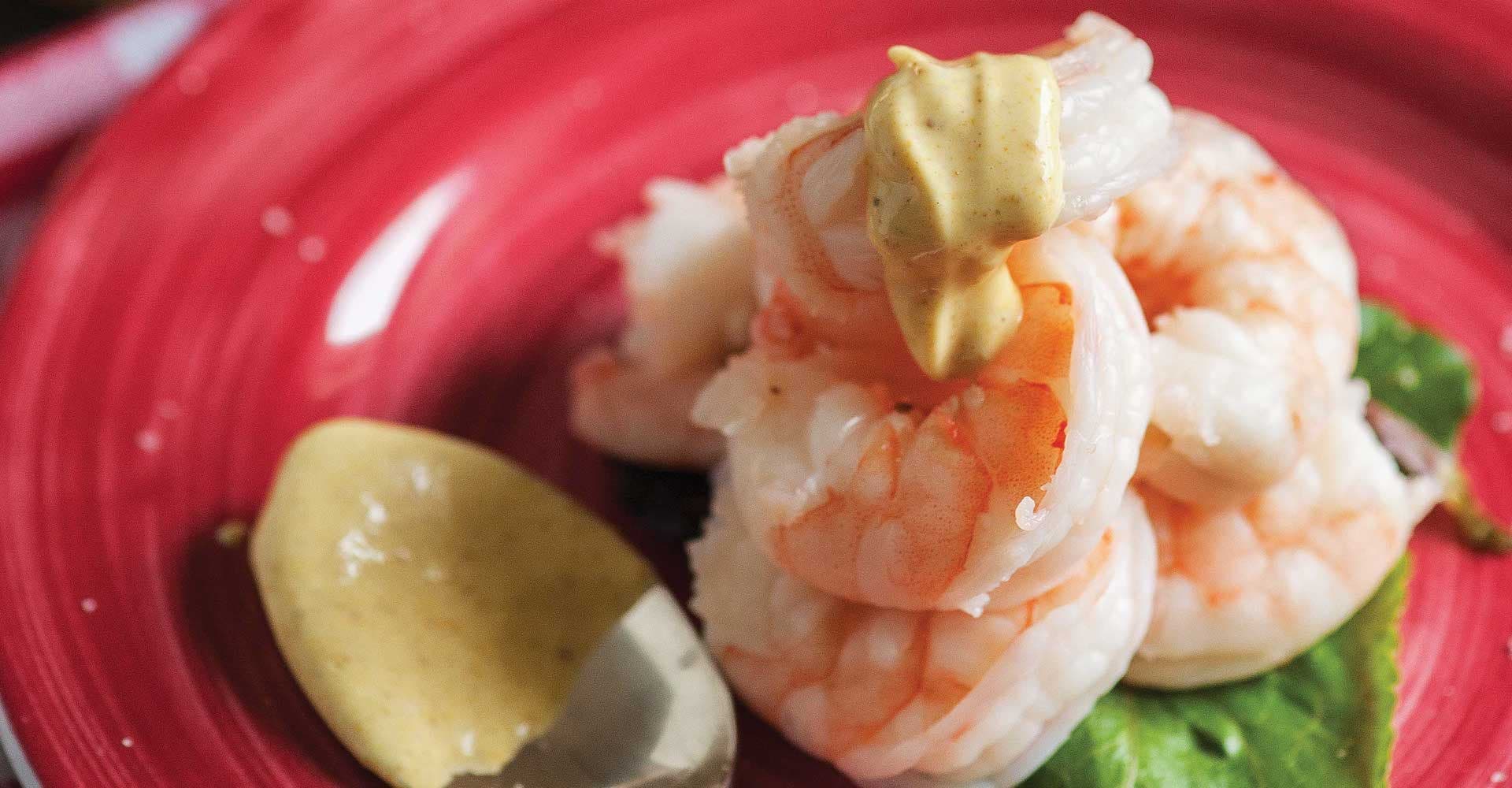 IPA-Poached Shrimp with Curried Mayo Sauce