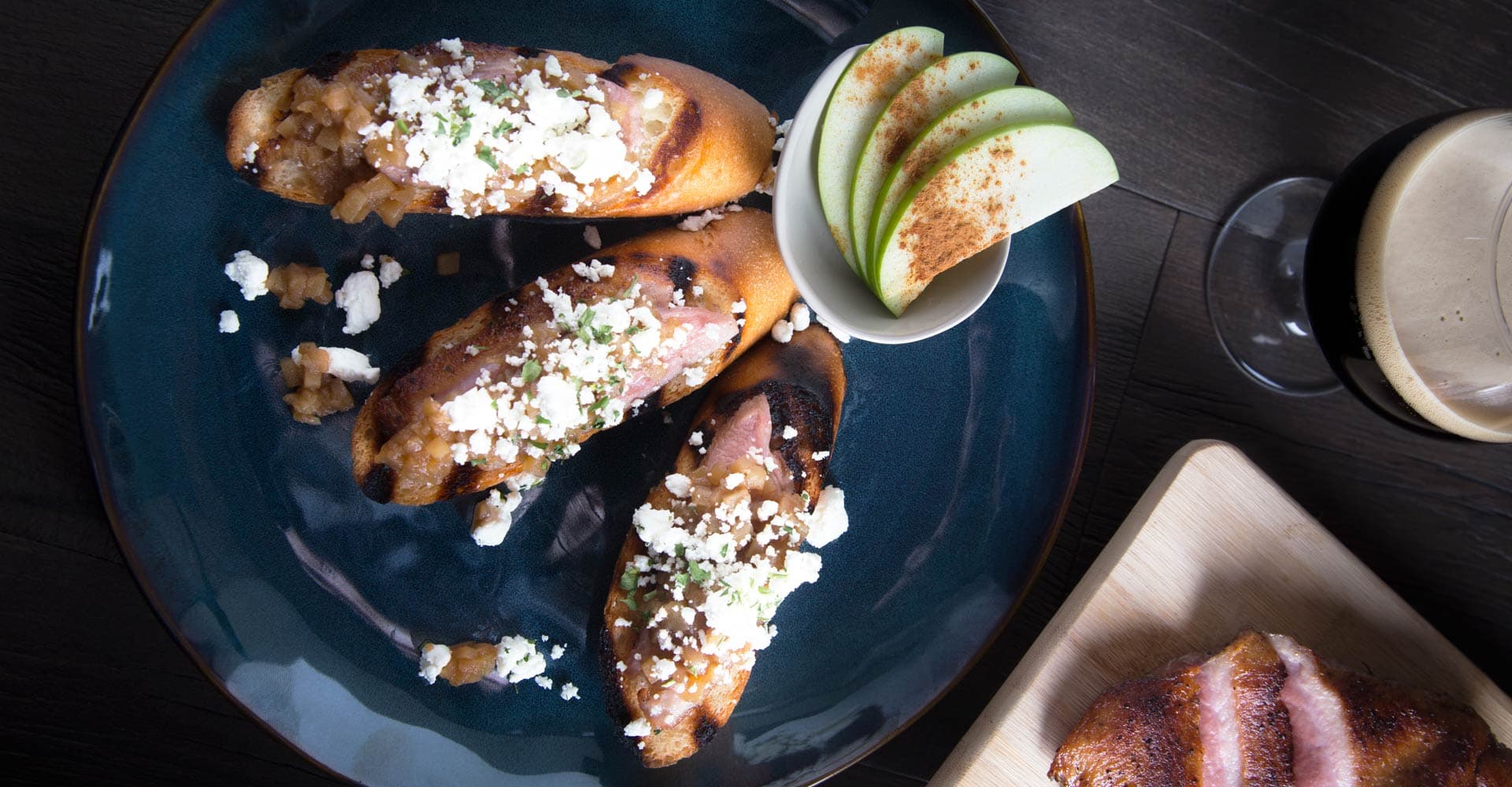 Seared Duck Bruschetta with Stout Apple Chutney Recipe