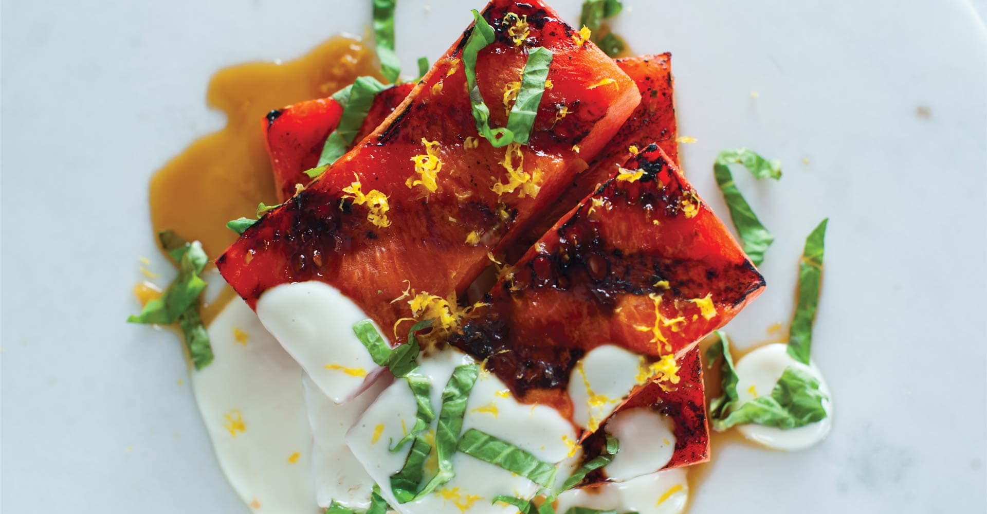 Grilling with Lager: Grilled Watermelon with Lemon Zest, Basil, and Goat Cheese-Yogurt Sauce