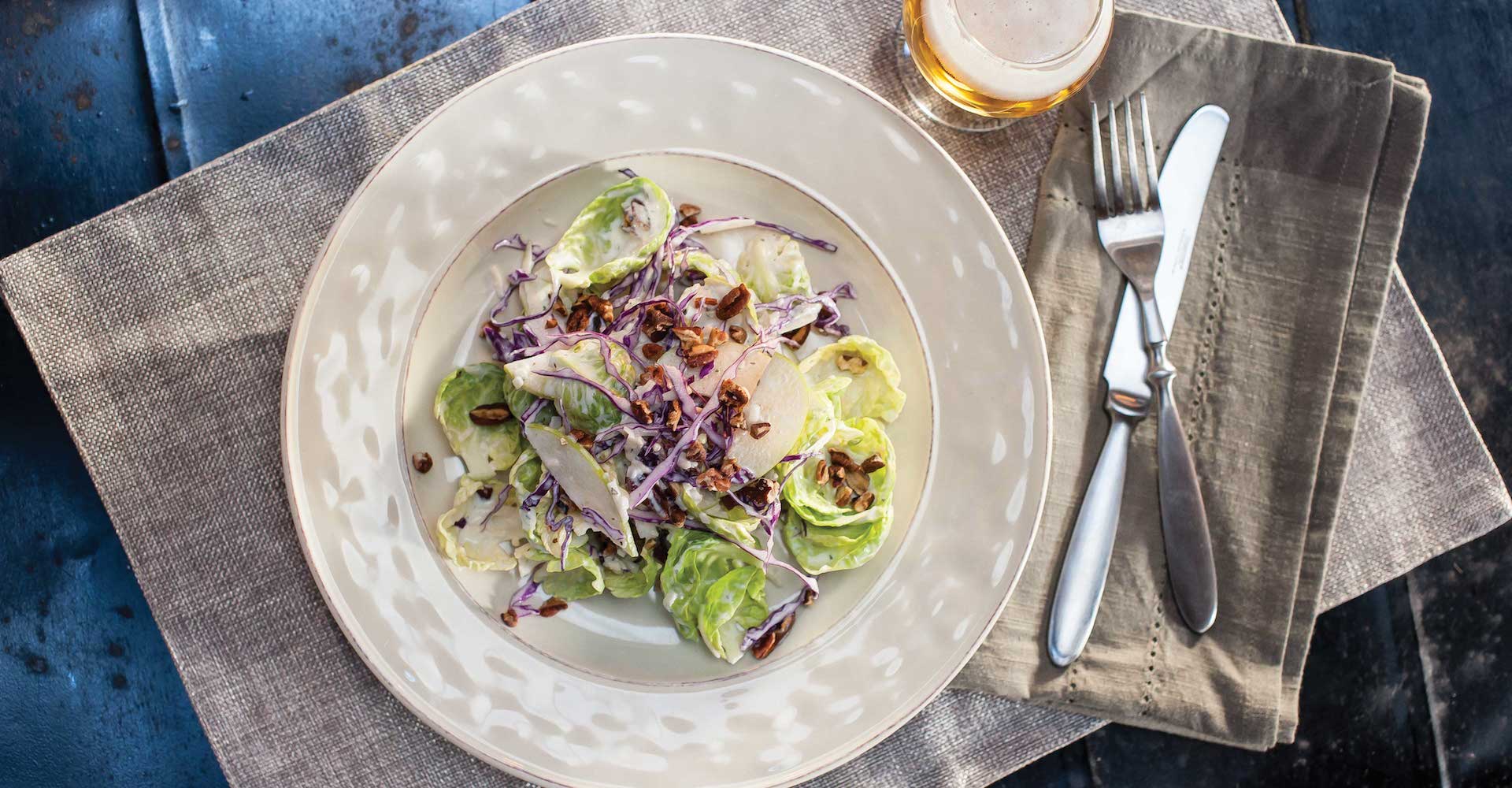 Apple–Brussels Sprout Salad with Beeranch Dressing