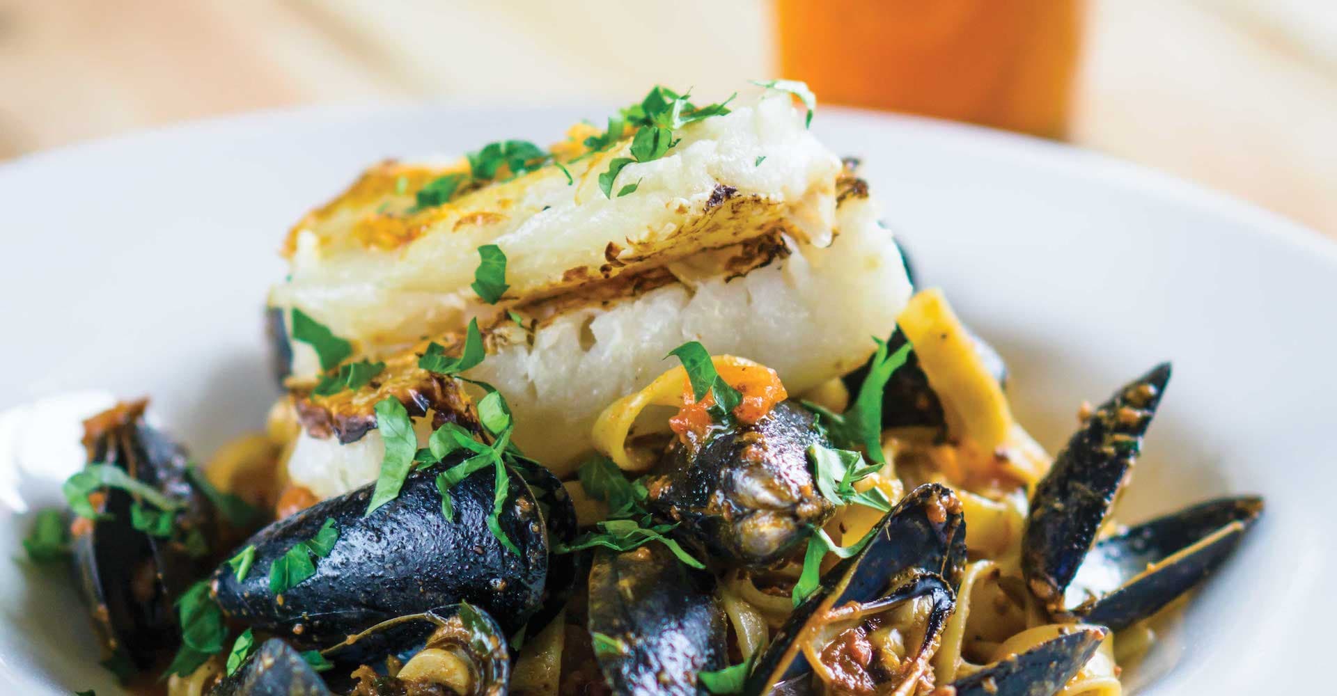 Seared Cod with Mussels and Beer Butter Sauce