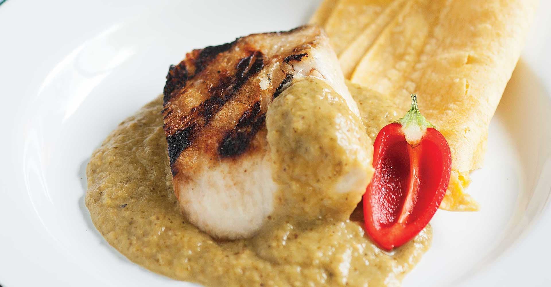 Grilled Cobia with Roasted Tomatillo IPA Puree Recipe
