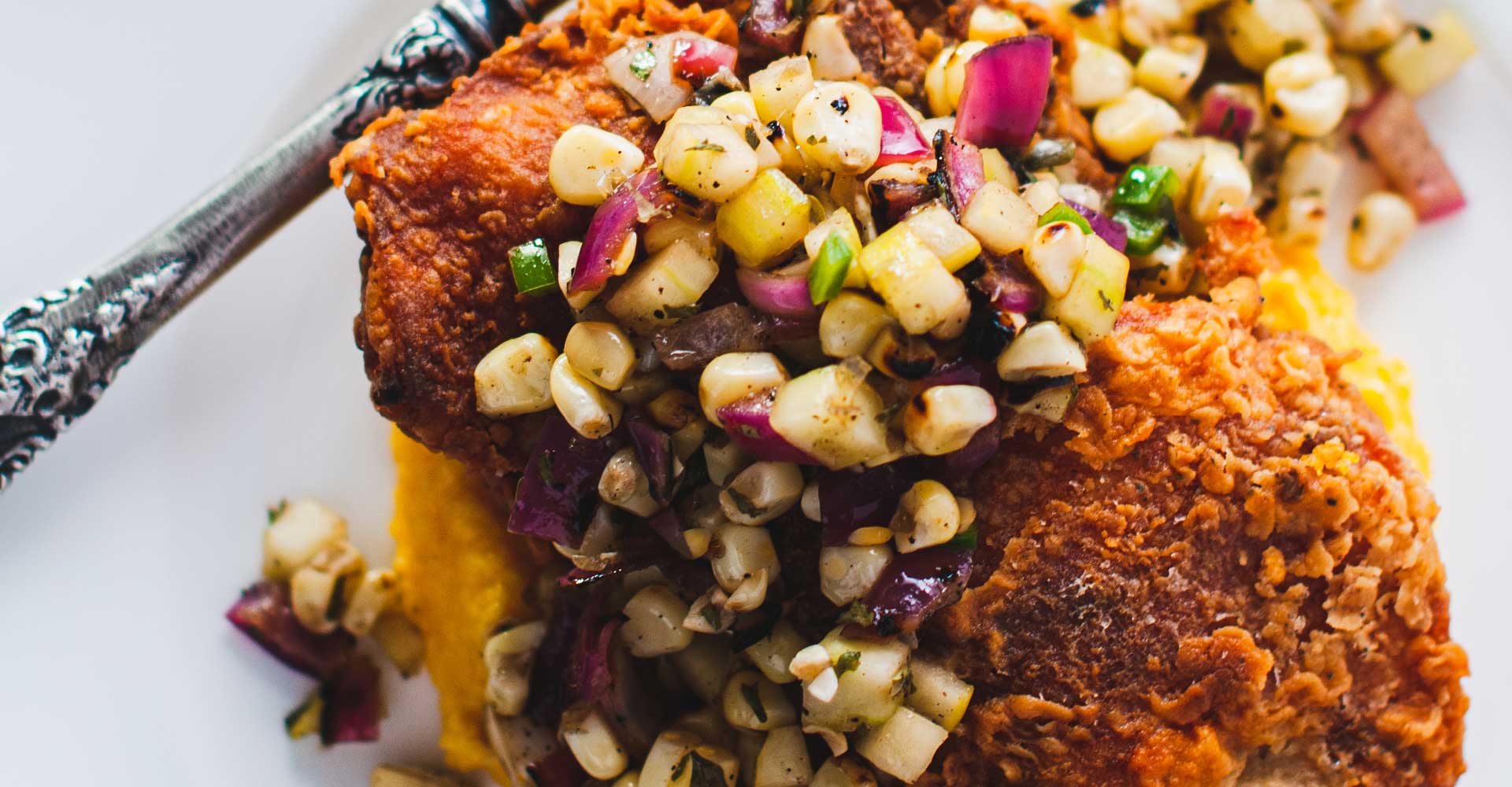 Cooking with Beer: Fried Chicken Thighs with Grits and Charred Corn–Red Onion Relish